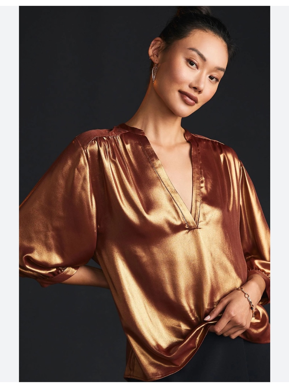 Like New Anthropologie Metallic Copper Foil V-Neck Blouse